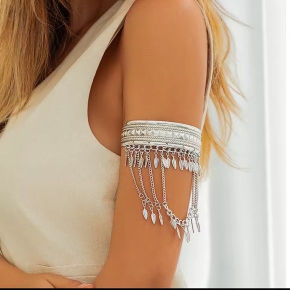 Bohemian Silver Leaf Tassel Chain Arm Cuff Bracelet ✨ - Picture 4 of 7